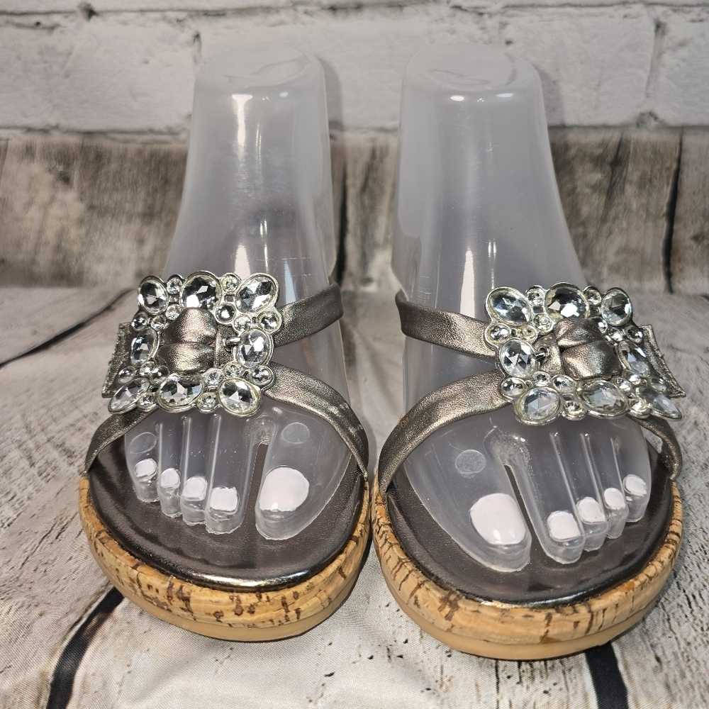 Yellow Box Silver Wedge Sandals with Crystal Embellishments Cork Heel Womens 9 - Picture 5 of 8